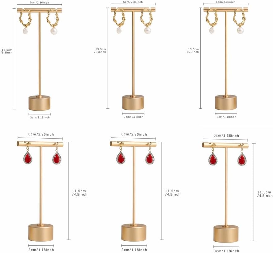 6pcs Gold Earring display T bar stand for selling, Metal Jewelry earring holder, Small Earring Display Holder, Cute Jewelry photography props for Show【Gold-Round Base 6pcs】
