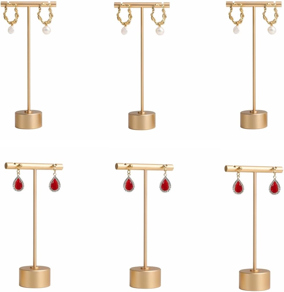 6pcs Gold Earring display T bar stand for selling, Metal Jewelry earring holder, Small Earring Display Holder, Cute Jewelry photography props for Show【Gold-Round Base 6pcs】