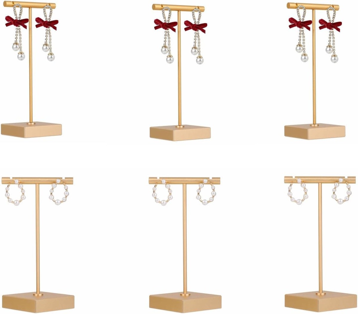 6pcs Gold Earring display T bar stand for selling, Metal Jewelry earring holder, Small Earring Display Holder, Cute Jewelry photography props for Show【Gold-Square Base 6pcs】