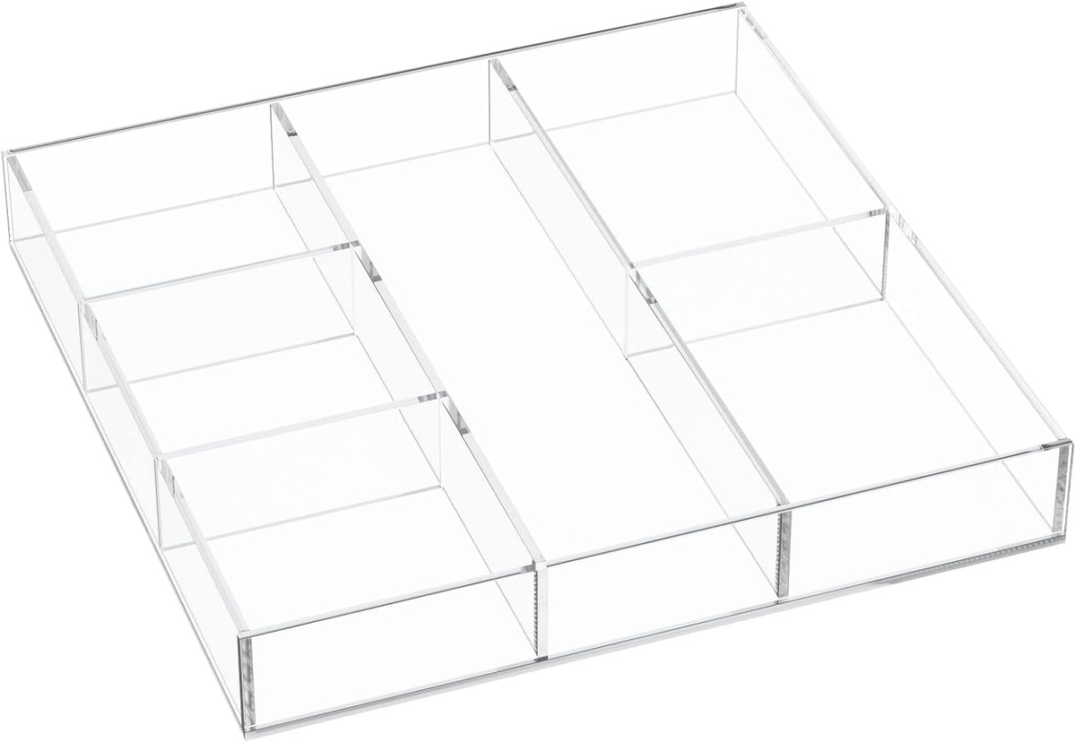HIIMIEI Acrylic Drawer Organizer, 6 Section Clear Makeup Tray Organizer for Drawer Office Bedroom(11.8x11.8 inch)