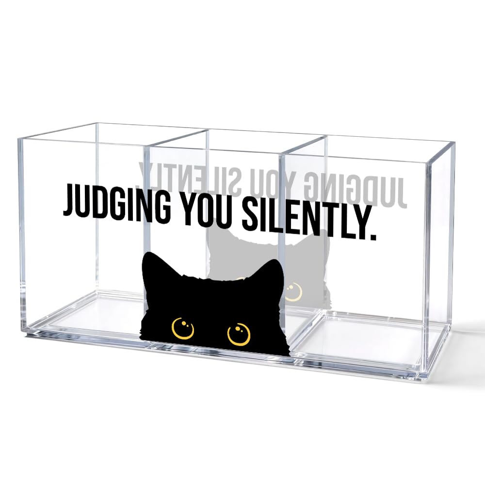 It's Fine 3 Compartment Acrylic Makeup Organizer & Pen Holder, Black Cat Cosmetic Storage Box for Lipstick Brushes Skincare, Desk Organizer for Office School Vanity, Office Gifts for Coworker