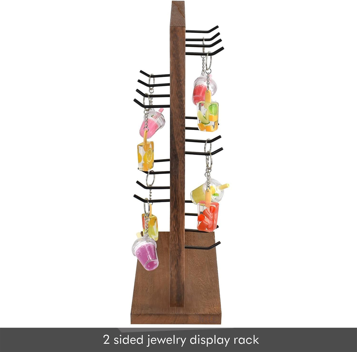 Ikee Design 5 Tiers Free Assemble Wooden Jewelry Display Rack with 20 Removable Metal Hooks,Earring Card Display Stand,Jewelry Organizer,Bracelet Organizer,Keychain Display Stand,Brown Color