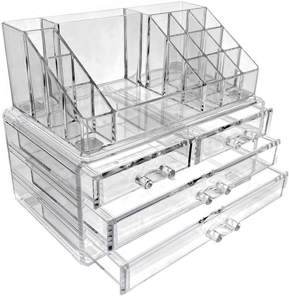 OnDisplay Cosmetic Makeup and Jewelry Storage Case Display - 4 Drawer Tiered Design - Perfect for Vanity, Bathroom Counter, or Dresser