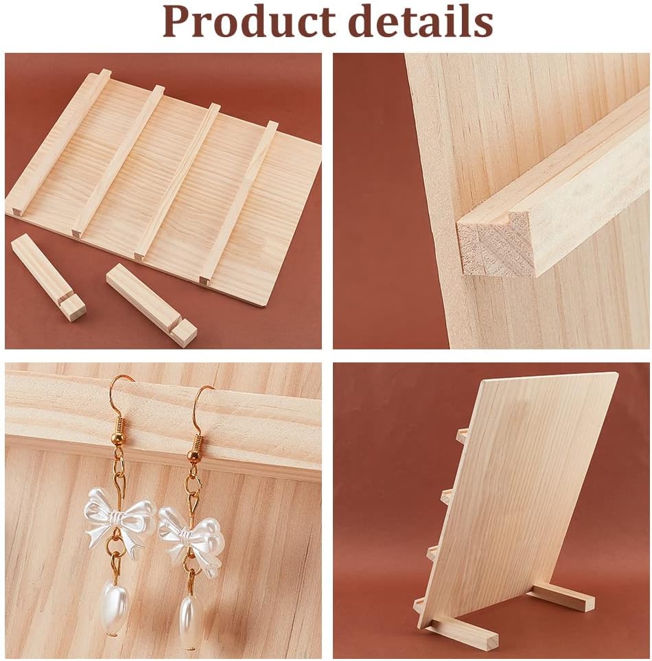 PH PandaHall 4-Tier Wooden Earring Display Stand, Retail Jewelry Display Riser Removable Showcase with Slots Rustic Earring Display Card Holder for Selling Craft Showing Exhibition Jewelry Storage
