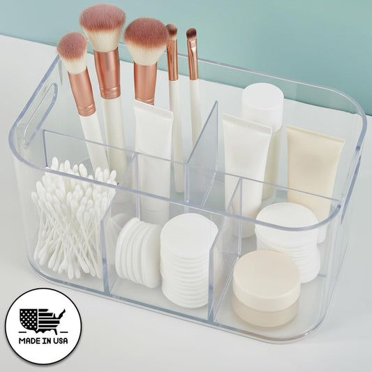 STORi Bliss 5-Compartment Plastic Cosmetics Storage Organizer | Clear | Rectangular Divided Makeup Bin & Vanity Caddy with Pass-Through Handles | Round Corner Design | Made in USA