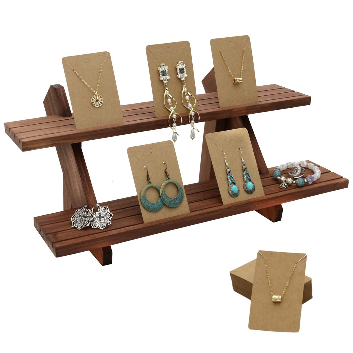 51pcs 3-Tier Wood Earring Display Stand, Retail Display Riser Earring, Ring Holder Stand, Removable Countertop Small Merchandise Display Stand with 50 Pcs Earring Card (Light Brown)