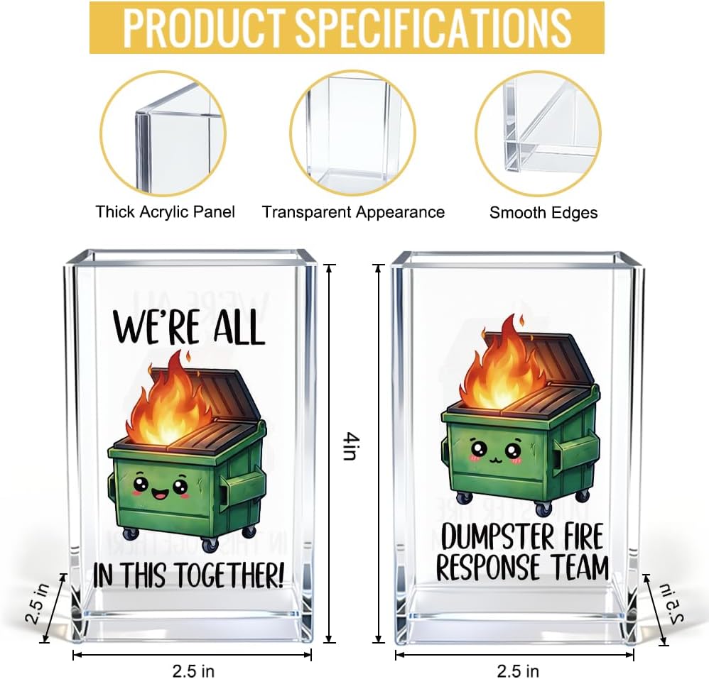 We're All In This Together Cute Office Pen Holder for Desk, Funny Dumpster Fire Response Team 2 Pack Acrylic Cosmetic Pencil Pen Post it Holder Cup, Office Gifts for Coworker, Team Gifts