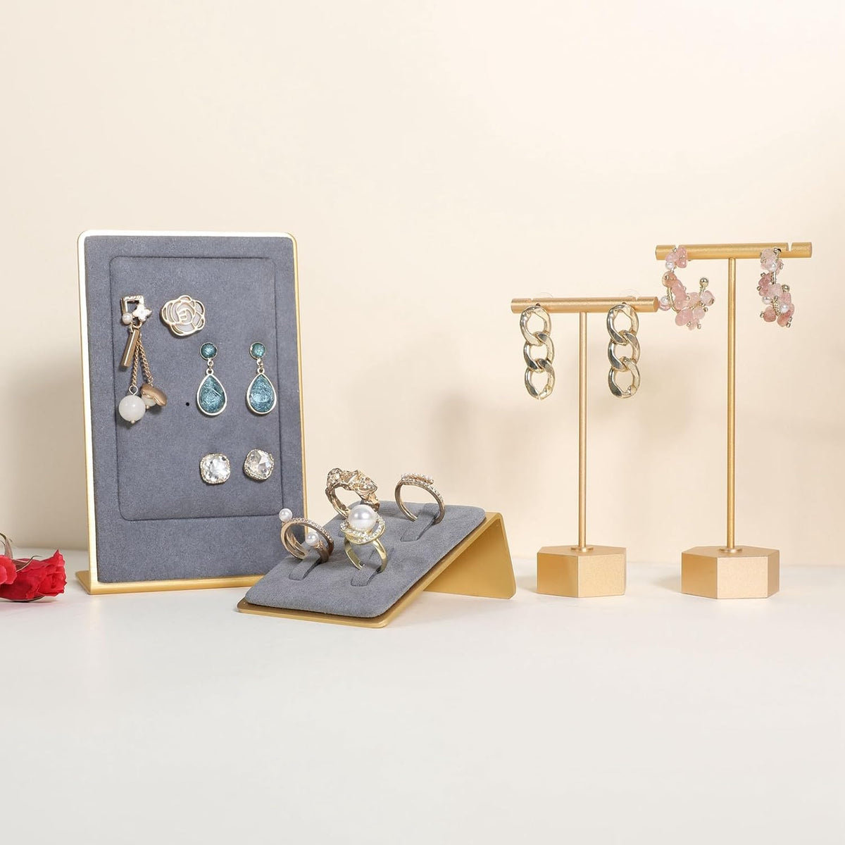 6pcs Gold Earring display T bar stand for selling, Metal Jewelry earring holder, Small Earring Display Holder, Cute Jewelry photography props for Show【Gold-Hexagon Base 6pcs】