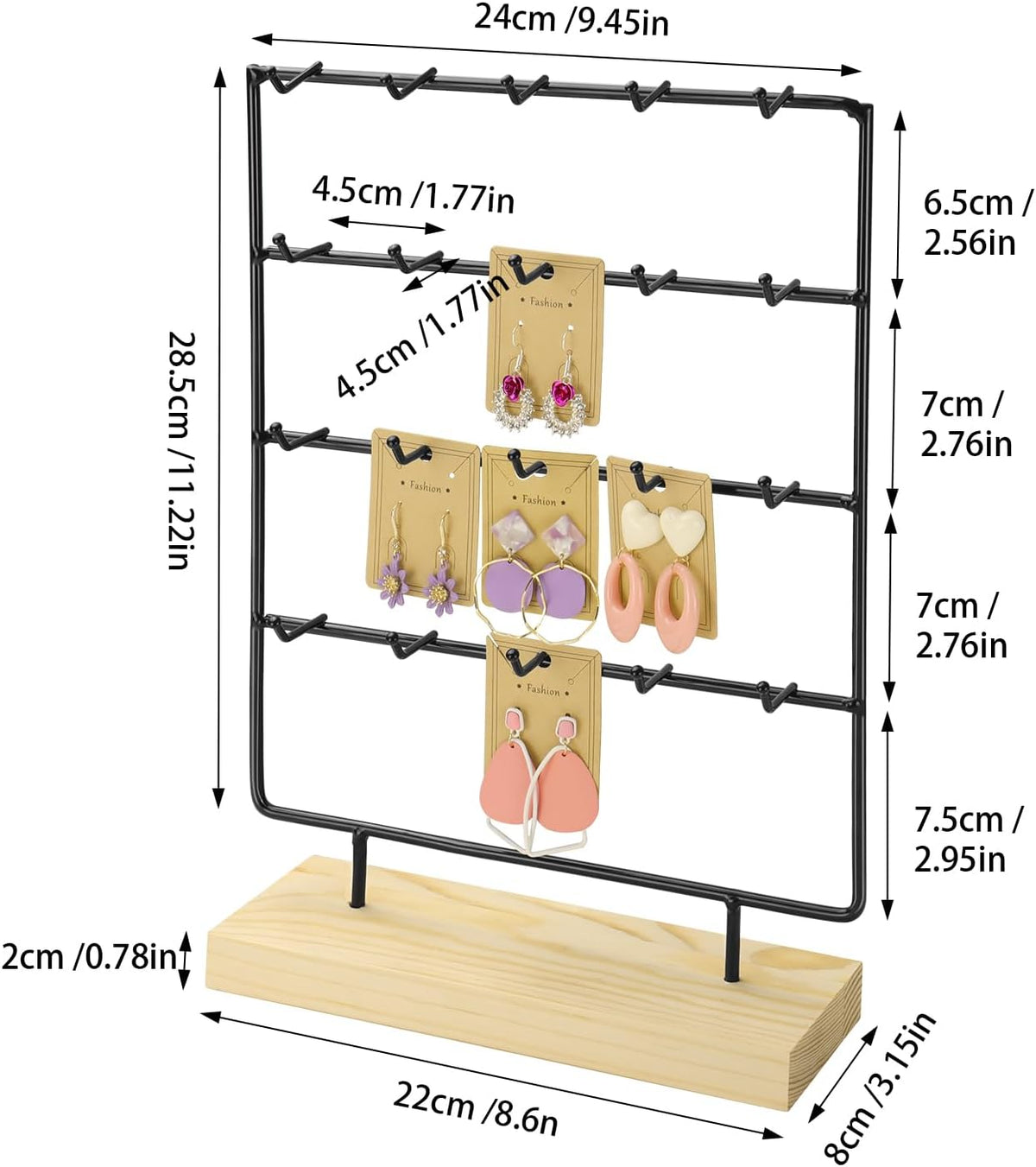 Earring Display Stands for Selling 4 Tier 20 Hooks Jewelry Display Wooden Base Earring Holder Organizer Display Stand for Earings Necklaces Rings Bracelets Keychains (Black)