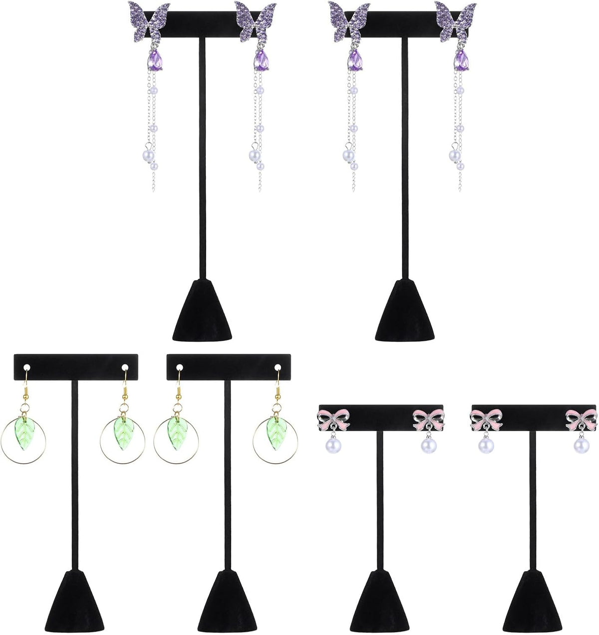 6-Piece Velvet Earring T-Stand Set - 3 Sizes (6.9”, 5.7”, 4.66”) Earrings Holder for Secure Jewelry Display & Organization - Black Earring Display Stands