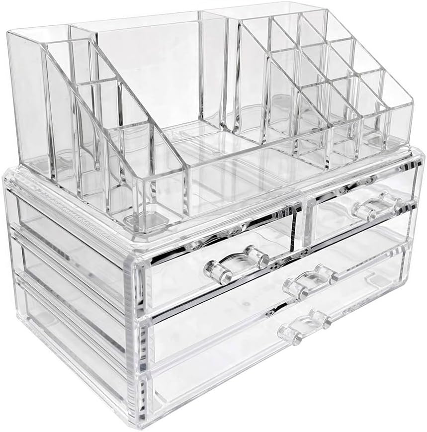 OnDisplay Cosmetic Makeup and Jewelry Storage Case Display - 4 Drawer Tiered Design - Perfect for Vanity, Bathroom Counter, or Dresser