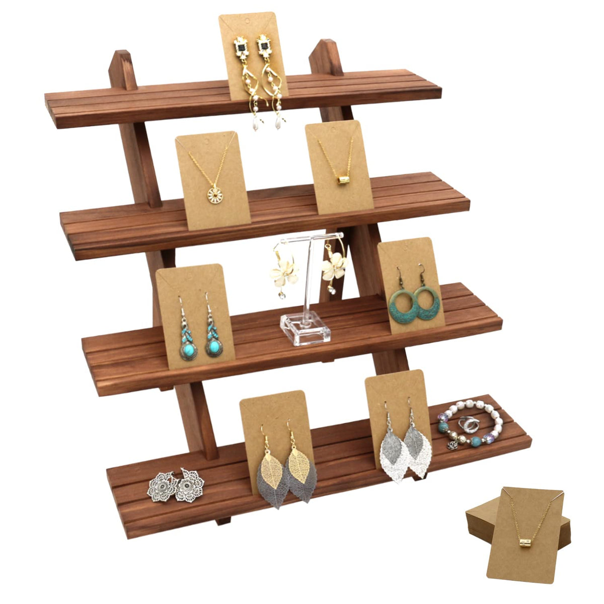 51pcs 3-Tier Wood Earring Display Stand, Retail Display Riser Earring, Ring Holder Stand, Removable Countertop Small Merchandise Display Stand with 50 Pcs Earring Card (Light Brown)