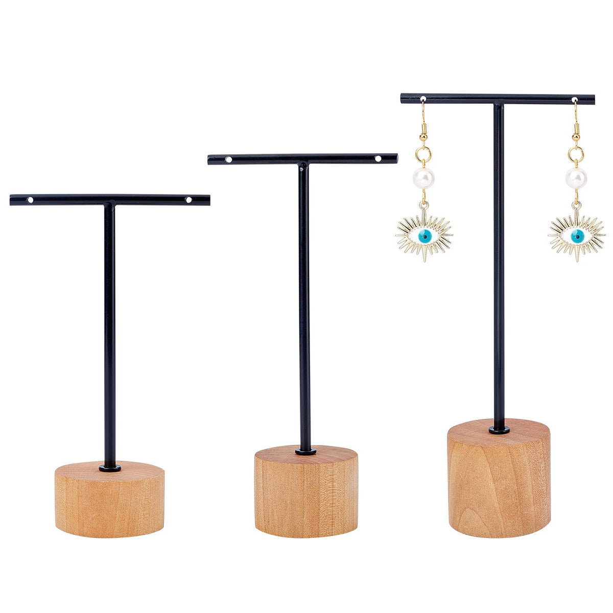 FINGERINSPIRE 3 Pcs Gold Metal T Bar Earring Display Stand 6.3/5.5/4.5 Inch Height Jewelry Stand with Wooden Square Base Earring Hanging Holders Jewelry Organizer for Store Retail Photography Props