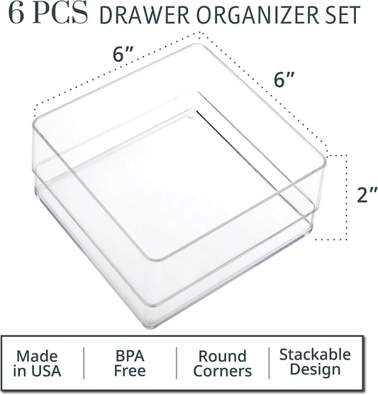 STORi SimpleSort 6-Piece Stackable Clear Drawer Organizer Set | 6" x 6" x 2" Square Trays | Small Makeup Vanity Storage Bins and Office Desk Drawer Dividers | Made in USA