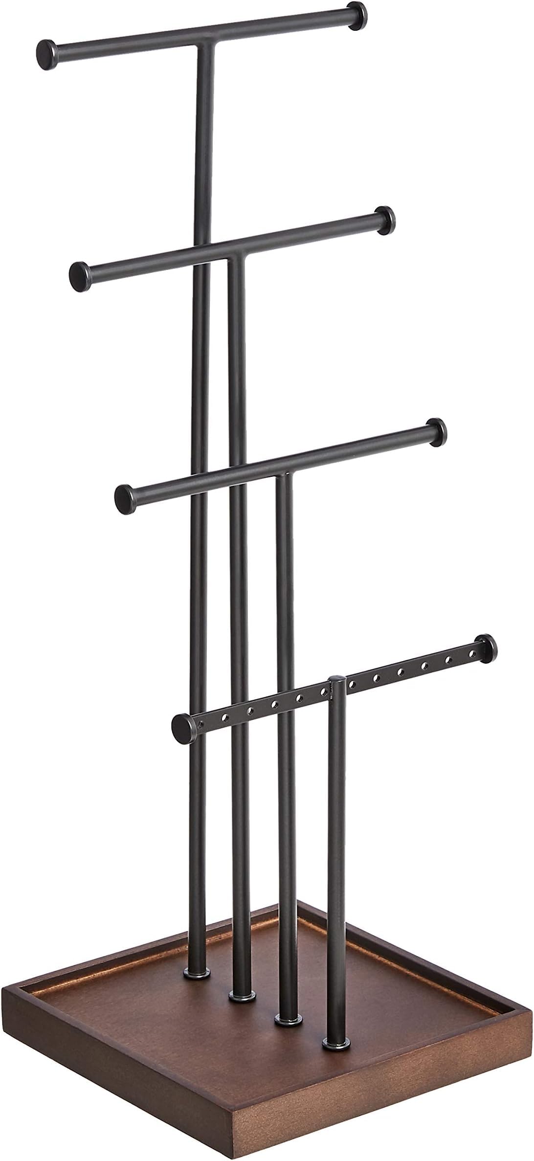 Amazon Basics Four-Tier Jewelry Organizer Tree Stand, Necklace Earring Bracelet Holder with Ring Storage, White/Brass