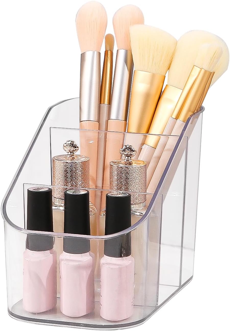 DASITON 3 Slots Makeup Brush Holder, Acrylic Make Up Brush Holder Organizer for Vanity, Bathroom Countertop, Small Makeup Organizer Brush Cup Cosmetic Brushes Storage, Pen Holder for Desk (Clear S)