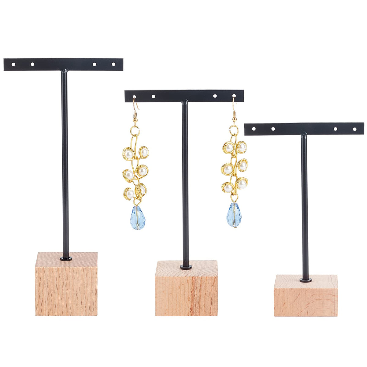 FINGERINSPIRE 3 Pcs Gold Metal T Bar Earring Display Stand 6.3/5.5/4.5 Inch Height Jewelry Stand with Wooden Square Base Earring Hanging Holders Jewelry Organizer for Store Retail Photography Props