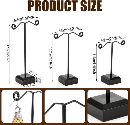 24 Pcs Metal Earring Holder, 3 Heights T-Bar Earring Display Stand with Plastic Base for Hoop & Stud Earrings, Black Jewelry Organizer for Retail Store, Trade Show, Craft Fair, and Home Use