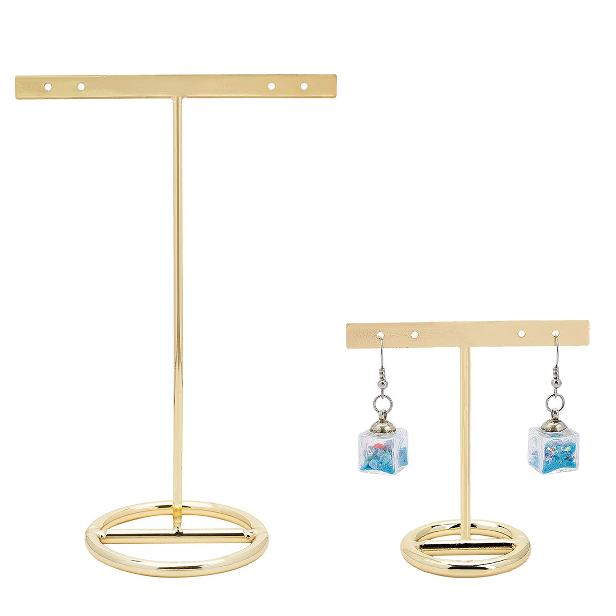 FINGERINSPIRE 3 Pcs Gold Metal T Bar Earring Display Stand 6.3/5.5/4.5 Inch Height Jewelry Stand with Wooden Square Base Earring Hanging Holders Jewelry Organizer for Store Retail Photography Props