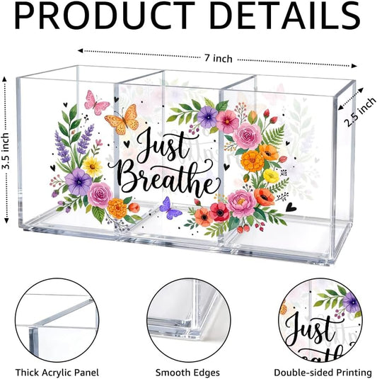 Just Breathe Pen Holder for Desk Organizer with 3 Compartments