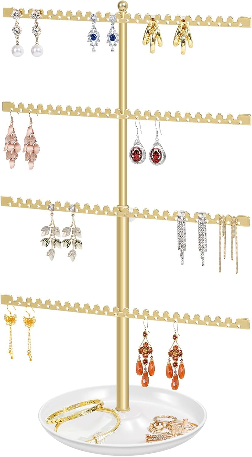 4-Tier Earring Holder Organizer Stand,Stud Earring Organizers and Storage with Ring Tray, Adjustable Earring Rack Jewelry Display Tree, 96 Holes and 88 Grooves for Earrings for Women Girls