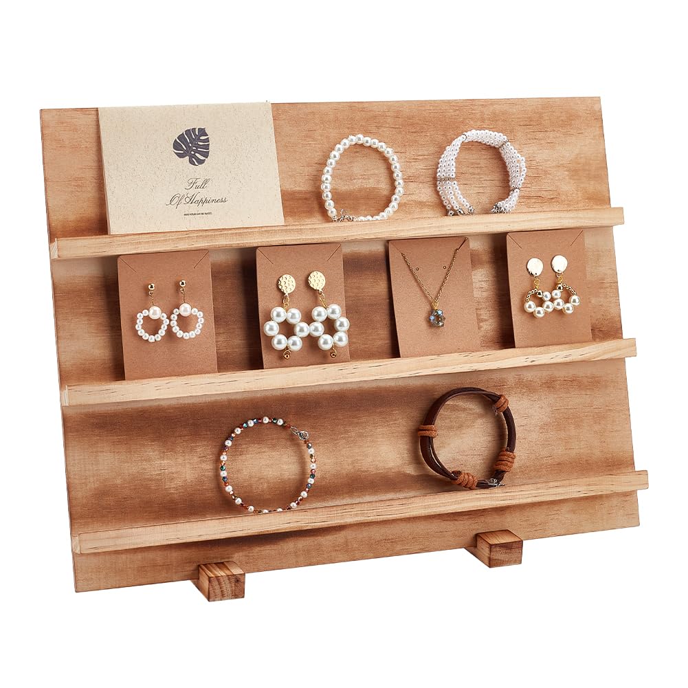 PH PandaHall 3 Tier Earring Cards Stands, Wooden Jewelry Display Stand Rack Removable Shelves Rack, Earring Display Card Holder for Displaying Bookmarks Stickers Jewelry Keychains