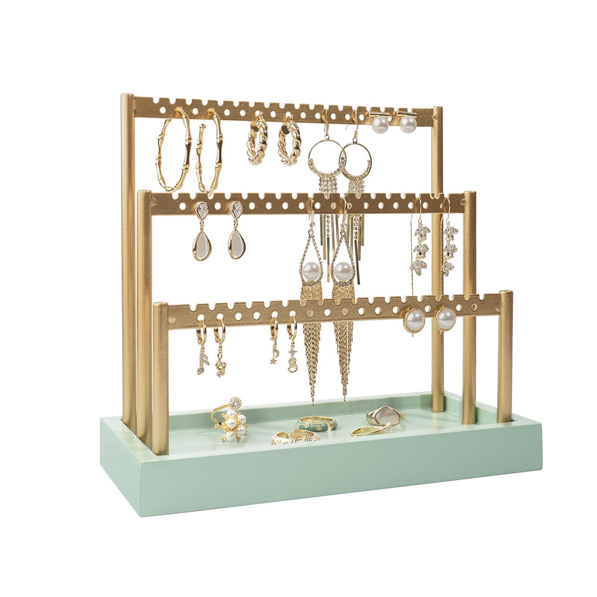 SANY DAYO HOME 3-Tier Earring Holder Organizer Stand, 105 Holes Gold Metal Earring Rack Jewelry Display Tree with White Wood Tray for Women and Girls
