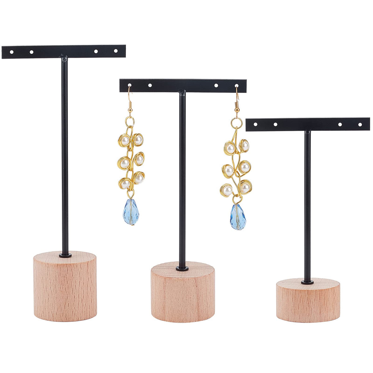 FINGERINSPIRE 3 Pcs Gold Metal T Bar Earring Display Stand 6.3/5.5/4.5 Inch Height Jewelry Stand with Wooden Square Base Earring Hanging Holders Jewelry Organizer for Store Retail Photography Props
