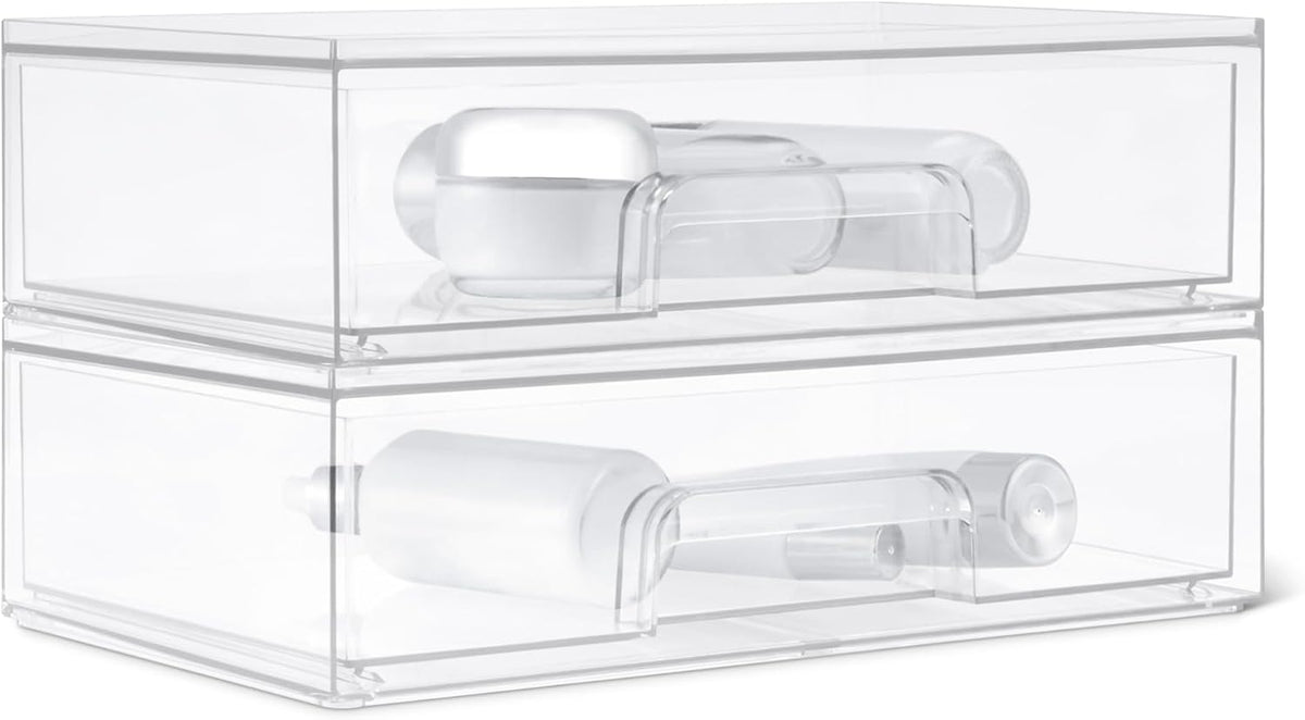 Amazon Basics Stackable Plastic Storage Makeup Organizer Drawers, Clear, 12.1" x 7.6" x 3.5", 2 Pack