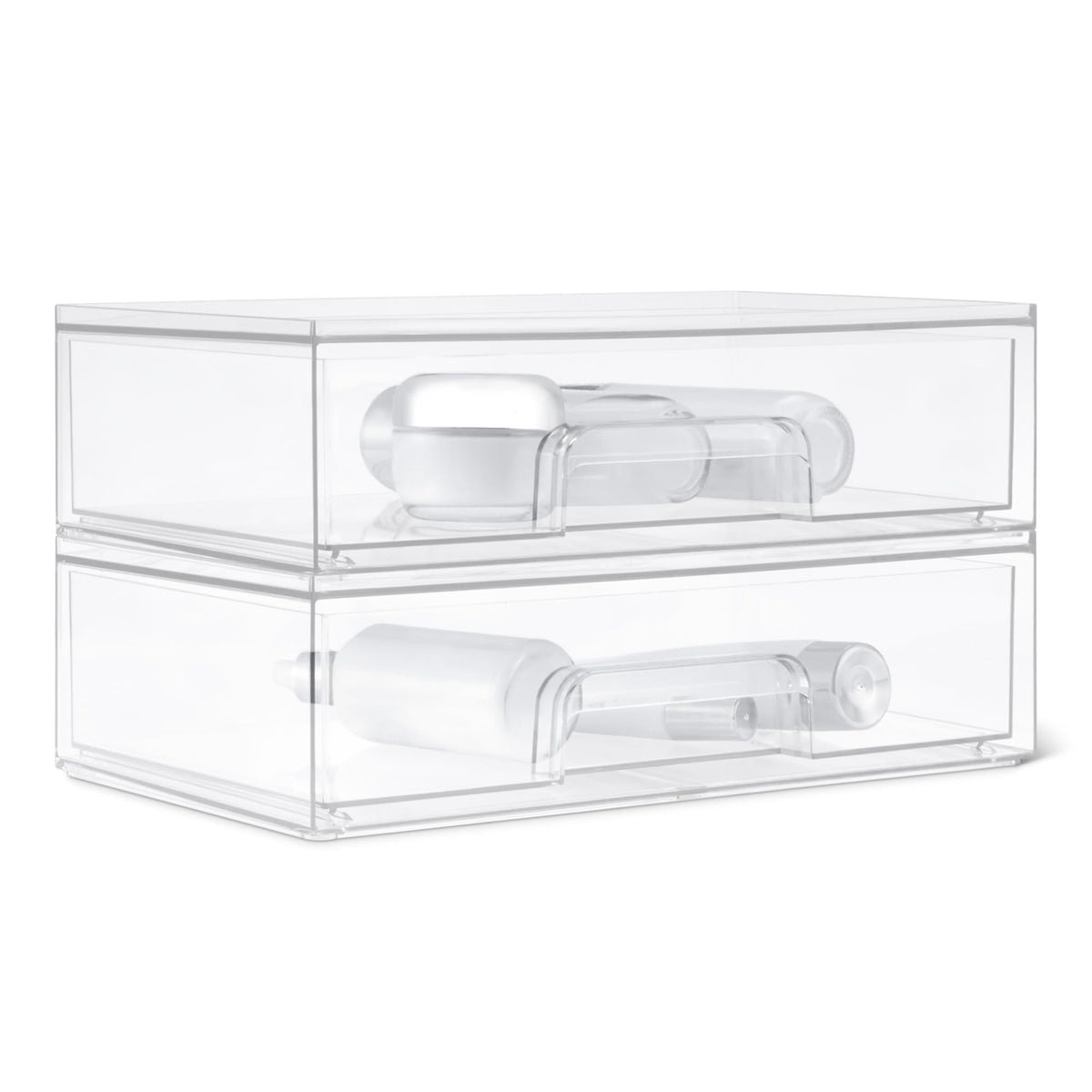 Amazon Basics Stackable Plastic Storage Makeup Organizer Drawers, Clear, 12.1" x 7.6" x 3.5", 2 Pack