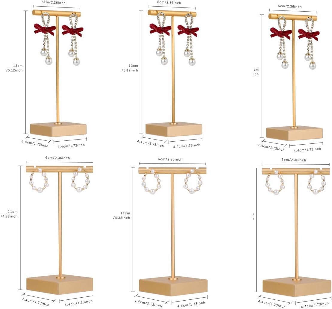 6pcs Gold Earring display T bar stand for selling, Metal Jewelry earring holder, Small Earring Display Holder, Cute Jewelry photography props for Show【Gold-Square Base 6pcs】