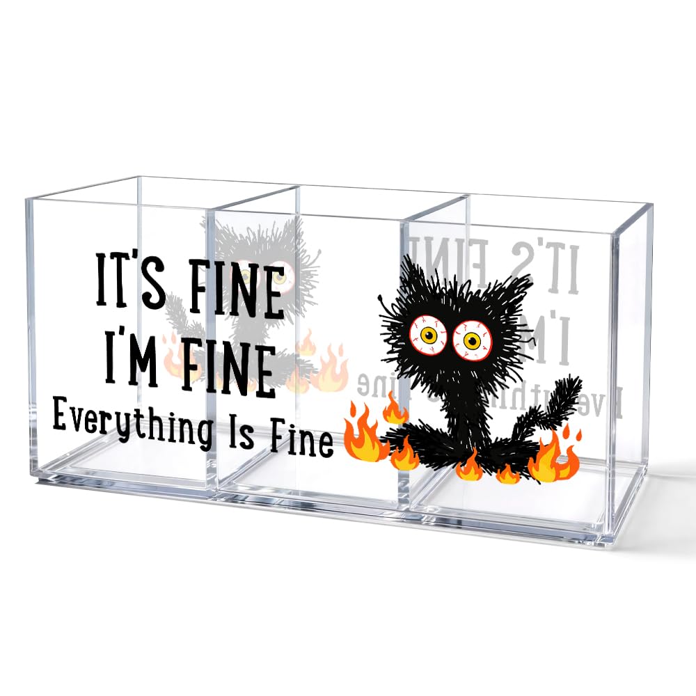 It's Fine 3 Compartment Acrylic Makeup Organizer & Pen Holder, Black Cat Cosmetic Storage Box for Lipstick Brushes Skincare, Desk Organizer for Office School Vanity, Office Gifts for Coworker