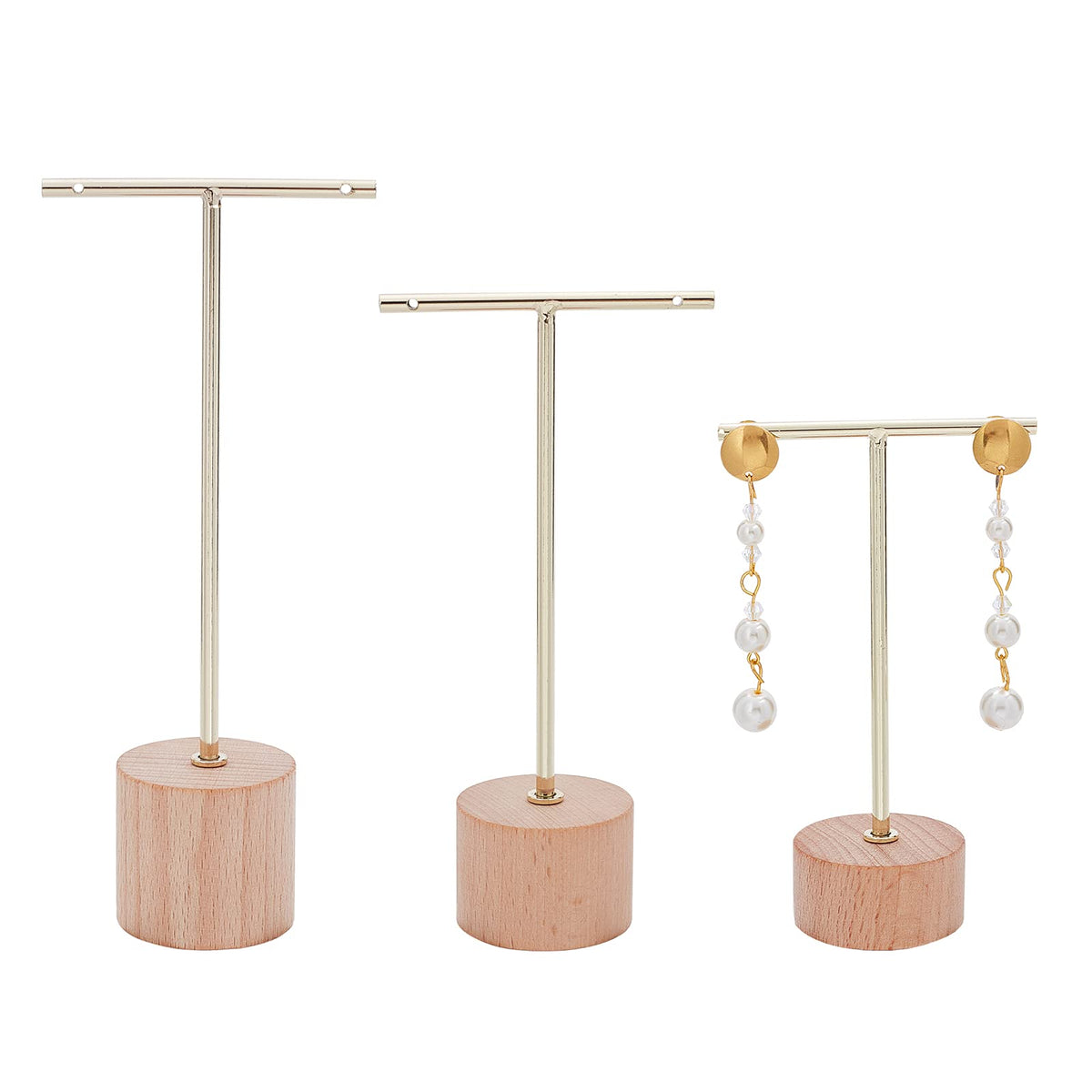 FINGERINSPIRE 3 Pcs Gold Metal T Bar Earring Display Stand 6.3/5.5/4.5 Inch Height Jewelry Stand with Wooden Square Base Earring Hanging Holders Jewelry Organizer for Store Retail Photography Props