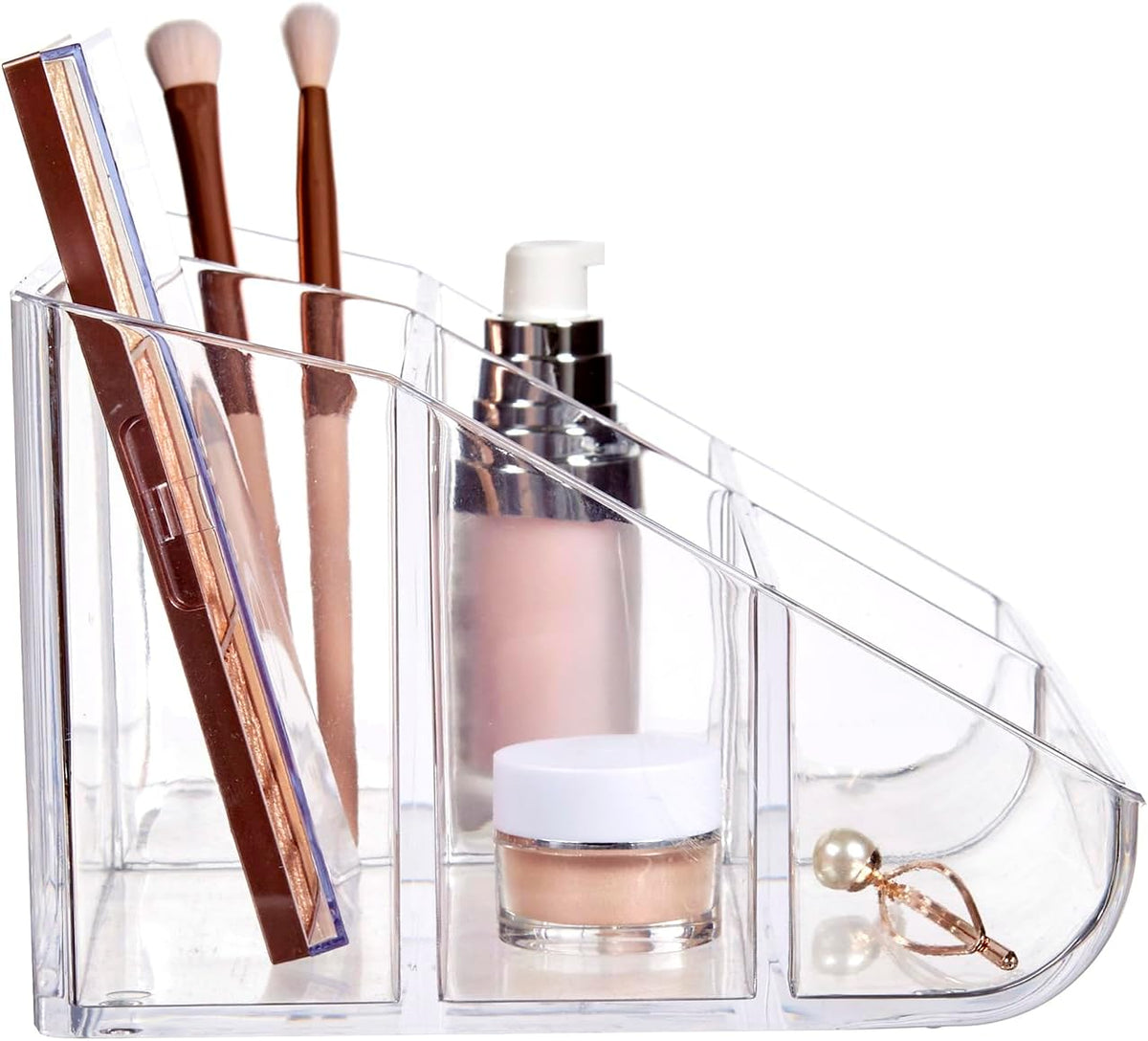 STORi Clear Plastic Vanity Makeup Organizer | 6-Compartment Holder for Brushes, Eyeshadow Palettes, & Beauty Supplies | Curved Front Design | Made in USA