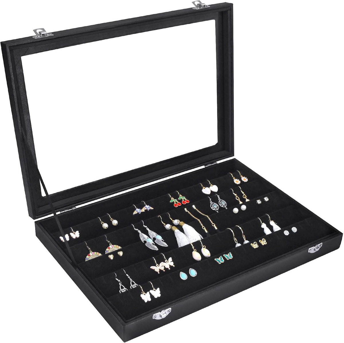 Siveit Earring Organizer Tray Velvet Earring Display Organizer Storage Box Premium 110 Slot 55 Pair Earring Display Organizer with Transparent Glass Cover Suitable for Women and Girls (Black)