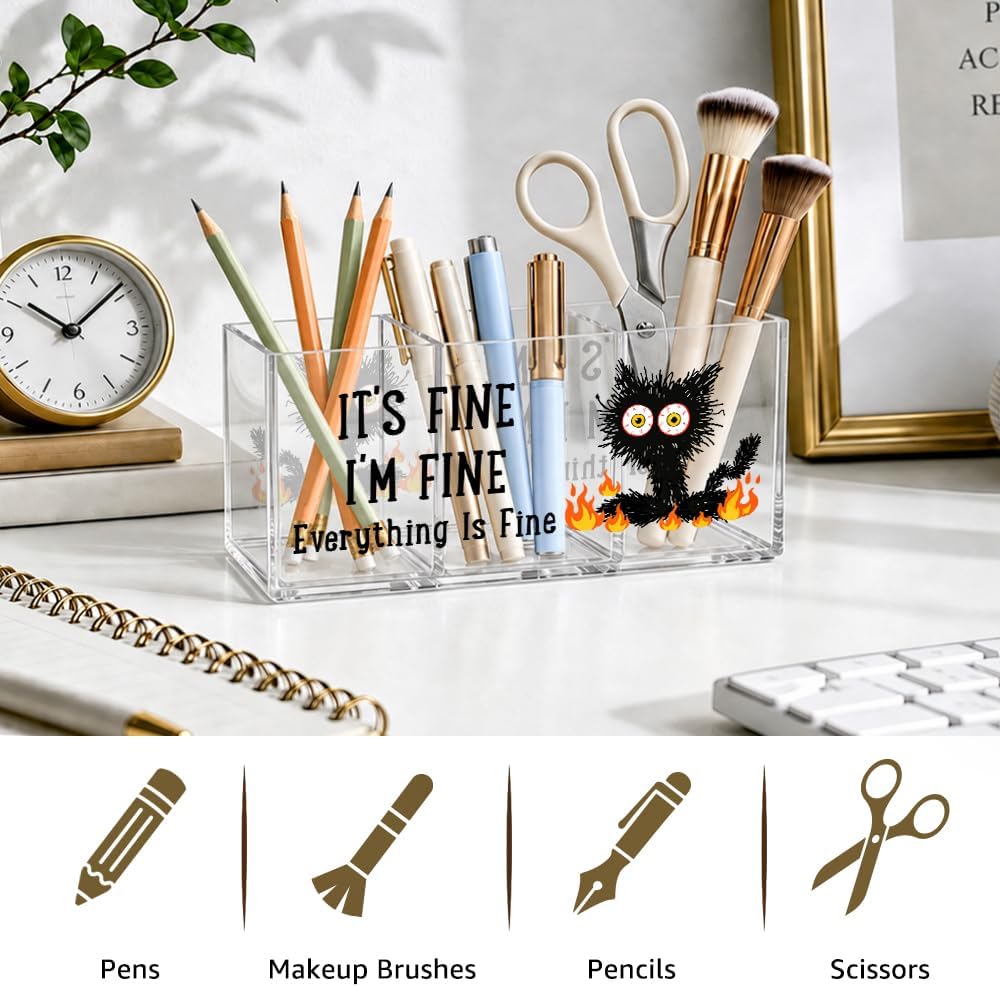 It's Fine 3 Compartment Acrylic Makeup Organizer & Pen Holder, Black Cat Cosmetic Storage Box for Lipstick Brushes Skincare, Desk Organizer for Office School Vanity, Office Gifts for Coworker