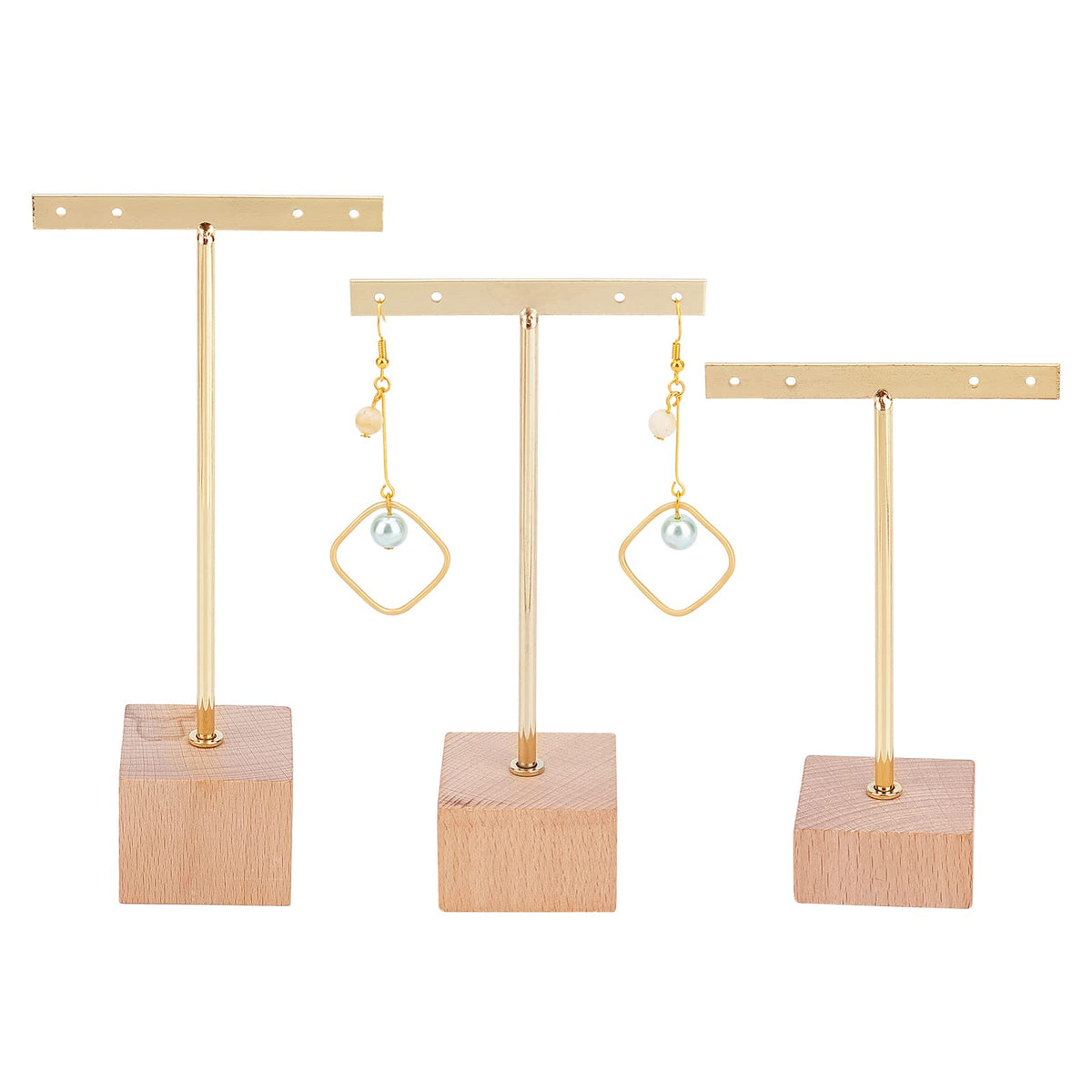 FINGERINSPIRE 3 Pcs Gold Metal T Bar Earring Display Stand 6.3/5.5/4.5 Inch Height Jewelry Stand with Wooden Square Base Earring Hanging Holders Jewelry Organizer for Store Retail Photography Props