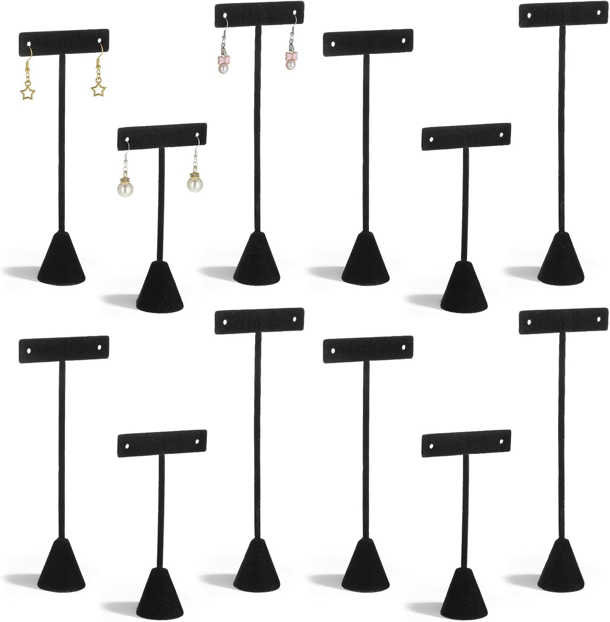 12 Pcs 3 Sizes Earring T Stand Display,Black Velvet Earrings Holder 4.5/6/6.7 Inch Metal Earring Display Storage Rack No Assembly for Jewelry Storage Selling Show