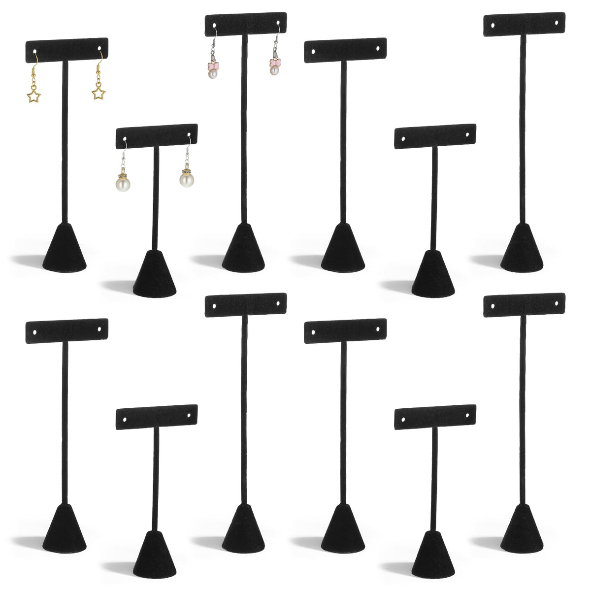 12 Pcs 3 Sizes Earring T Stand Display,Black Velvet Earrings Holder 4.5/6/6.7 Inch Metal Earring Display Storage Rack No Assembly for Jewelry Storage Selling Show