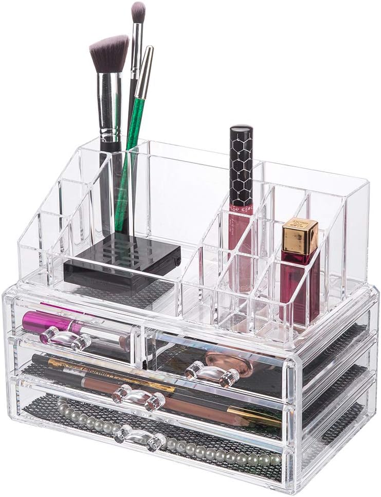 OnDisplay Cosmetic Makeup and Jewelry Storage Case Display - 4 Drawer Tiered Design - Perfect for Vanity, Bathroom Counter, or Dresser