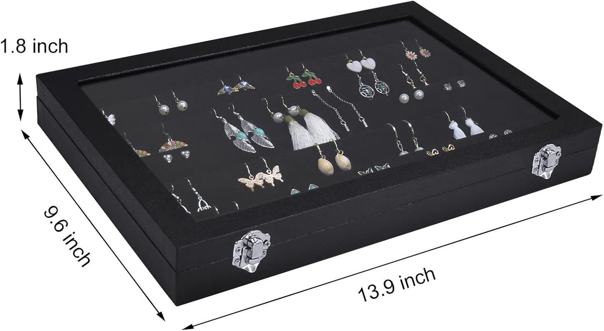 Siveit Earring Organizer Tray Velvet Earring Display Organizer Storage Box Premium 110 Slot 55 Pair Earring Display Organizer with Transparent Glass Cover Suitable for Women and Girls (Black)