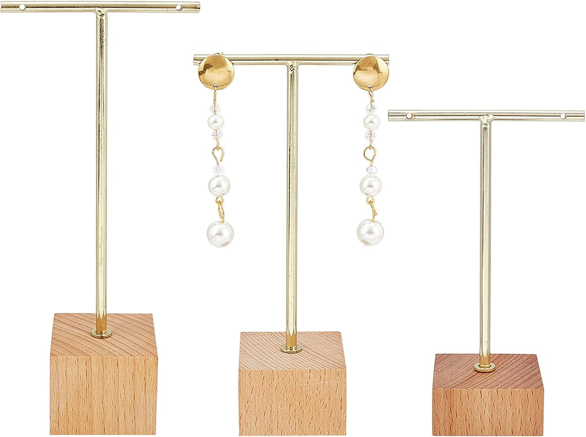 FINGERINSPIRE 3 Pcs Gold Metal T Bar Earring Display Stand 6.3/5.5/4.5 Inch Height Jewelry Stand with Wooden Square Base Earring Hanging Holders Jewelry Organizer for Store Retail Photography Props