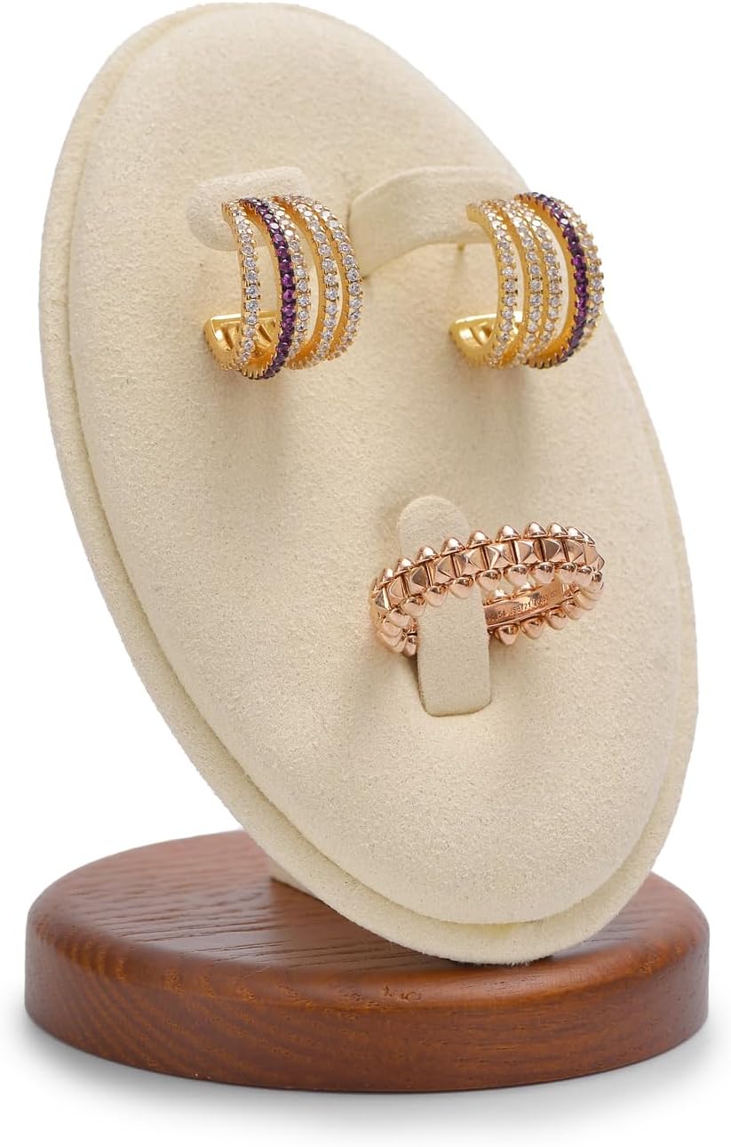 Beige Solid Wood Minimalist Earring & Ring Jewelry Display Stand