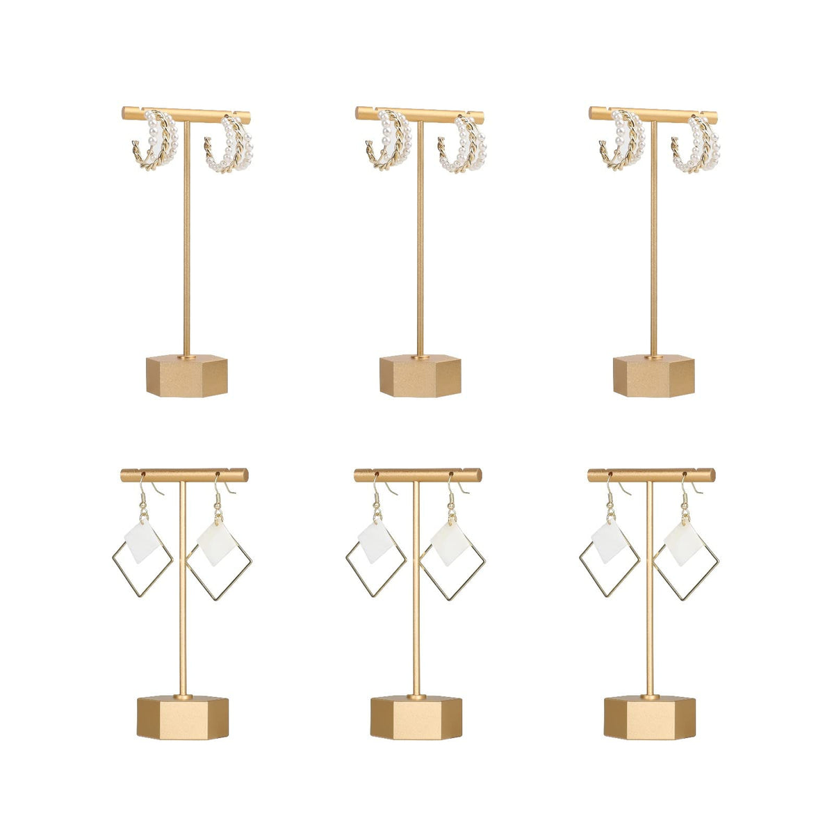6pcs Gold Earring display T bar stand for selling, Metal Jewelry earring holder, Small Earring Display Holder, Cute Jewelry photography props for Show【Gold-Hexagon Base 6pcs】