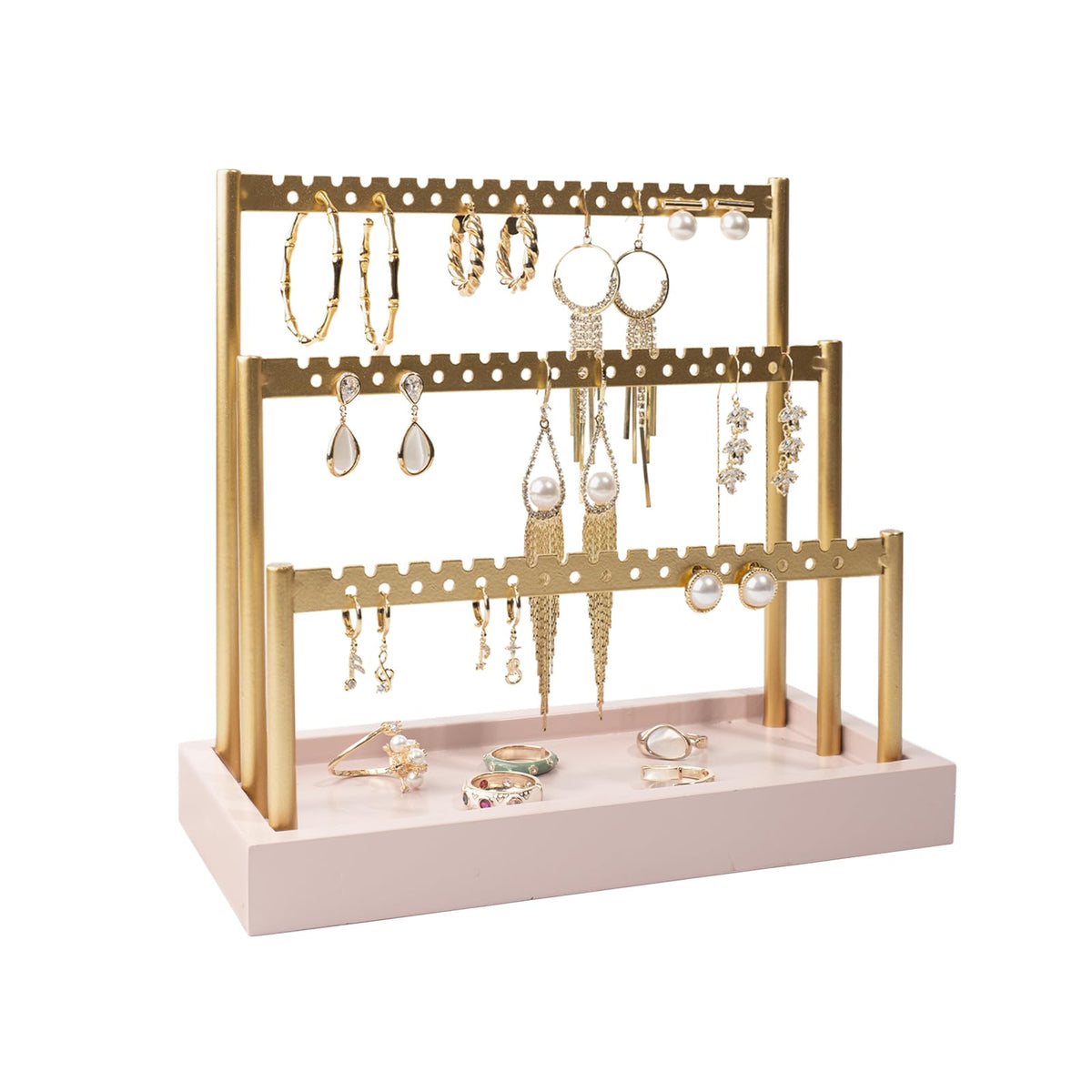 SANY DAYO HOME 3-Tier Earring Holder Organizer Stand, 105 Holes Gold Metal Earring Rack Jewelry Display Tree with White Wood Tray for Women and Girls