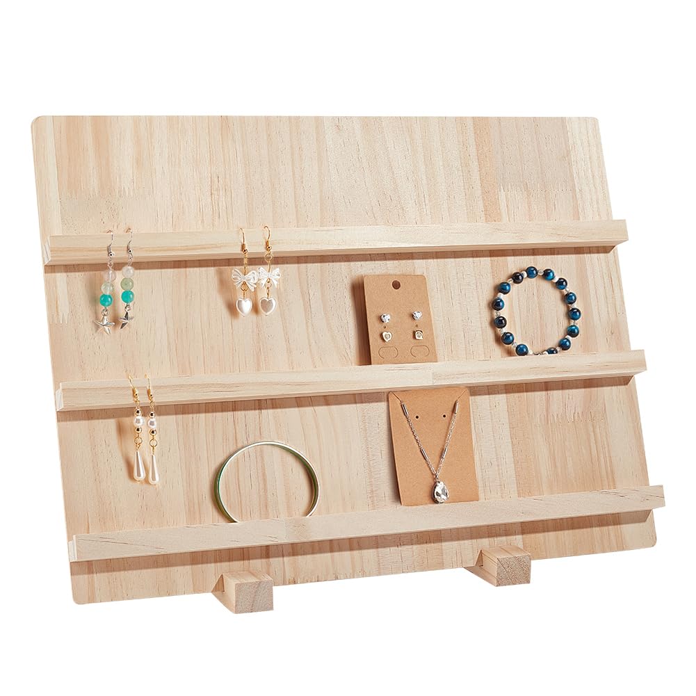 NBEADS 4-Tier Wooden Display Stand Riser, 12-Slot Earring Ring Holder Detachable Unfinished Wood Retail Jewelry Card Display Stand with Groove for Crafts Jewelry Storage Display, 15x15.7x12.6