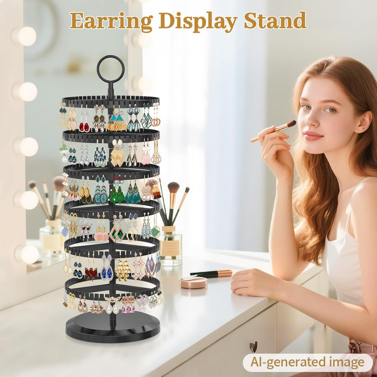 MODOWEY Rotating Earring Holder Organizer Adjustable Display, 6 Tiers Black