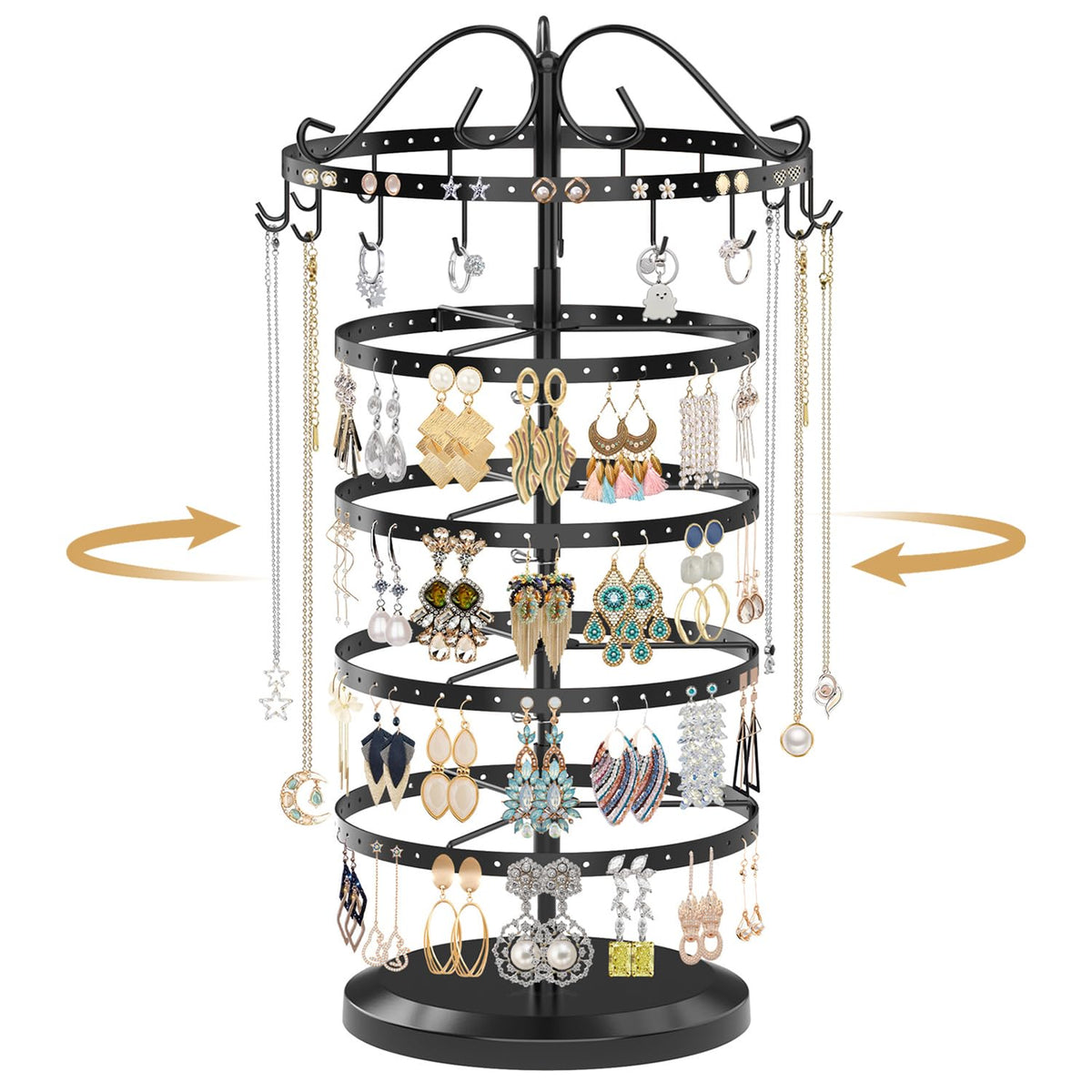 MODOWEY Rotating Earring Holder Organizer Stand Metal Display, 4 Tier Black