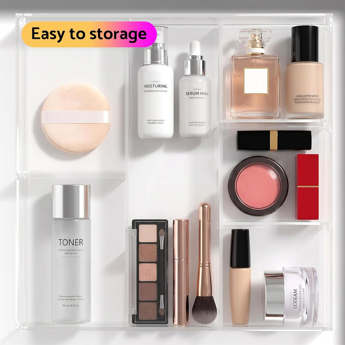 HIIMIEI Acrylic Drawer Organizer, 6 Section Clear Makeup Tray Organizer for Drawer Office Bedroom(11.8x11.8 inch)