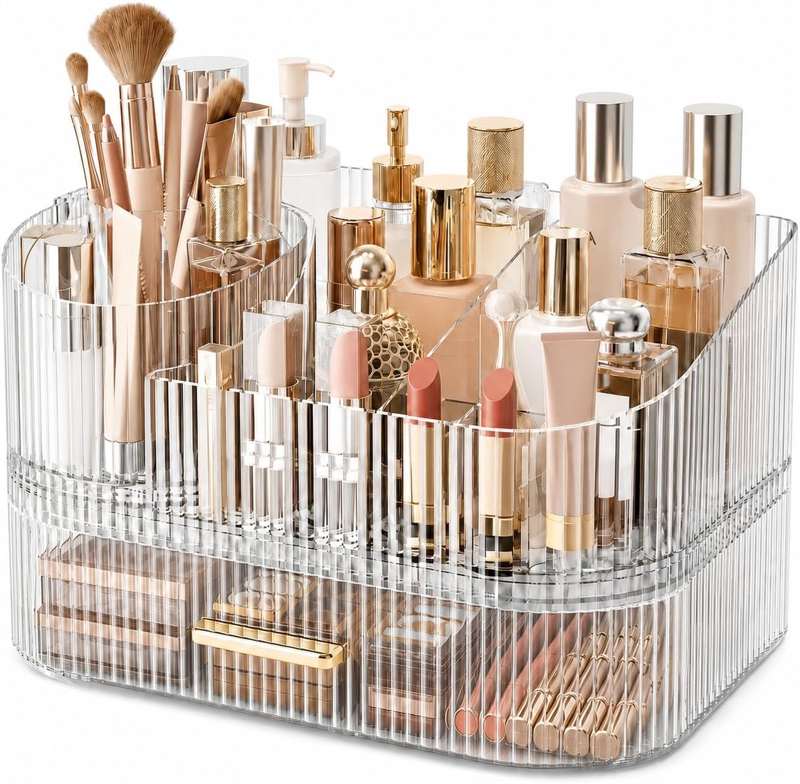 360° Rotating Makeup Organizer with Drawer, Clear Acrylic Cosmetic Storage Display, Stackable Beauty Counter (Clear, Large (Tray + 1 Drawer))
